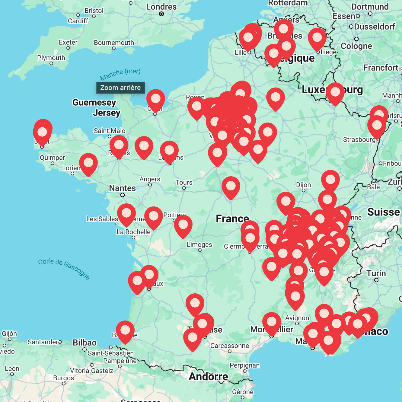 Map of France with multiple red location markers.